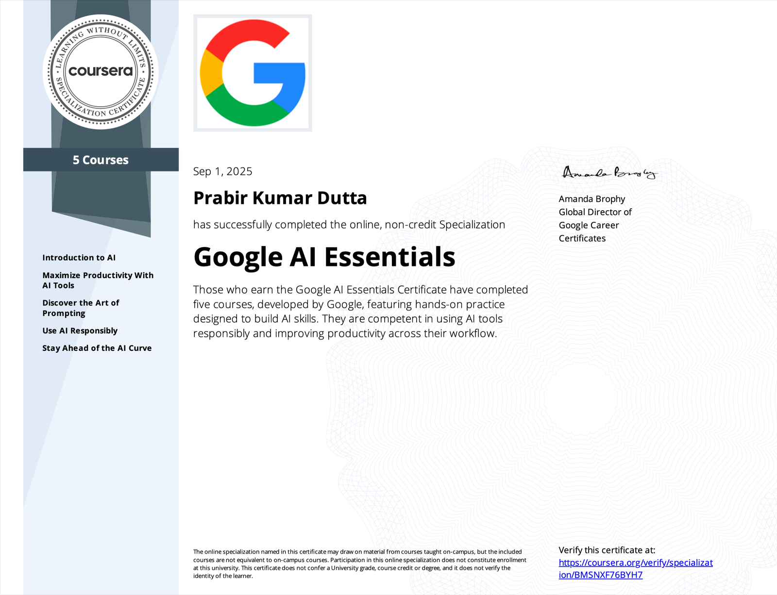 Google AI Essentials Certificate — Prabir Kumar Dutta